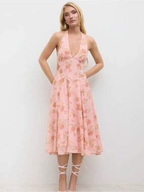Halter Neck Blush Pink Floral Midi Dress Size Small
